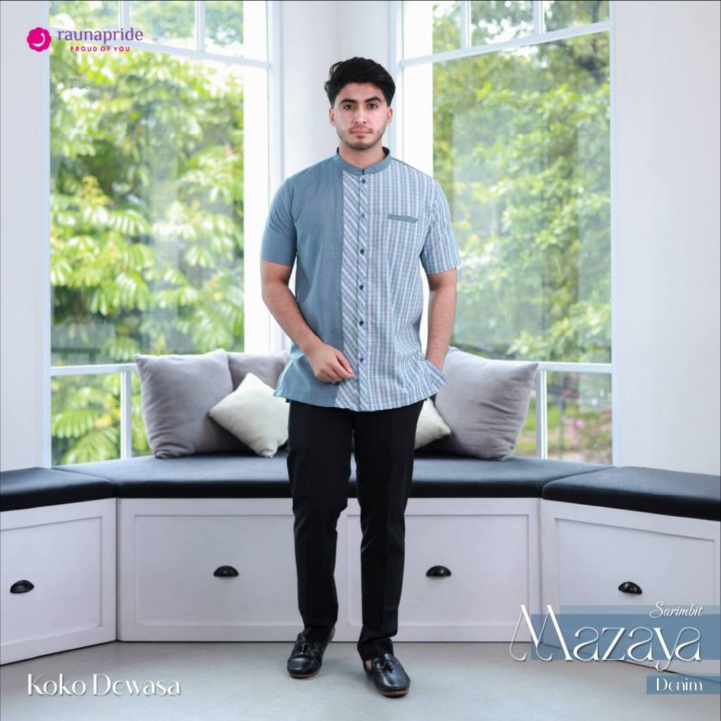 Rauna Sarimbit Mazaya Baju Koko Pria Bahan Polly Rayon Cotton Teracota Denim Lengan Pendek Kombinasi