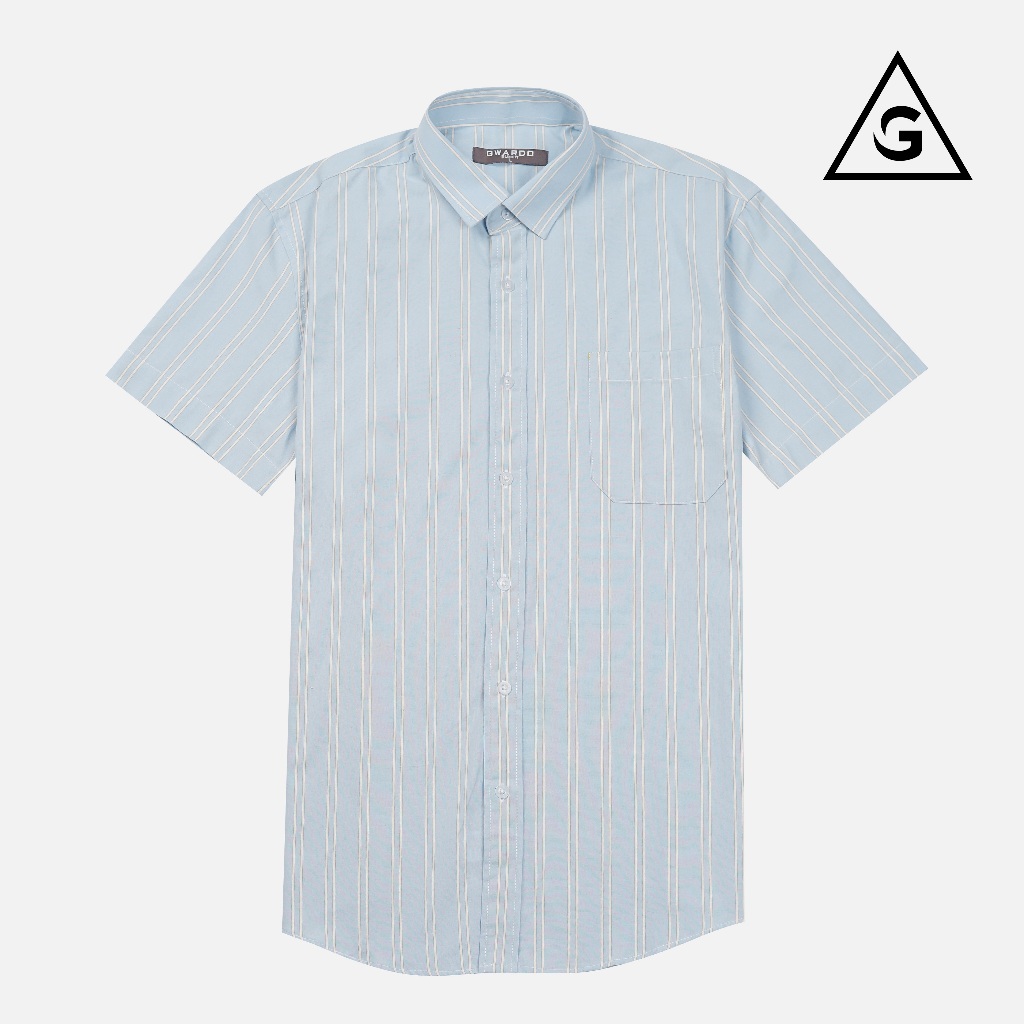 GWARDO Kemeja GARIS BIRU MUDA Pria Slimfit Lengan Pendek Dan Panjang SB01