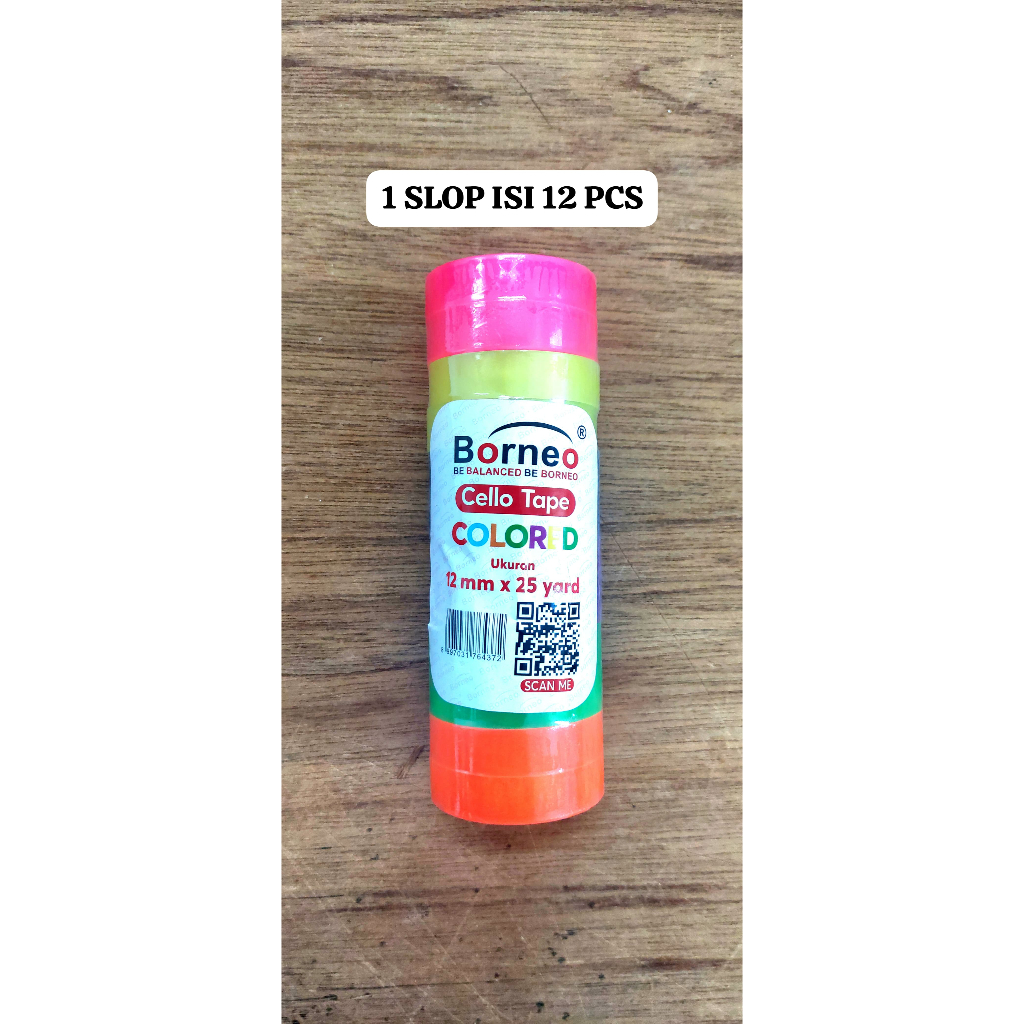 

(1 SLOP ISI 12) BORNEO CELLO TAPE COLORED 1/2X25 YARD ISOLASI WARNA WARNI