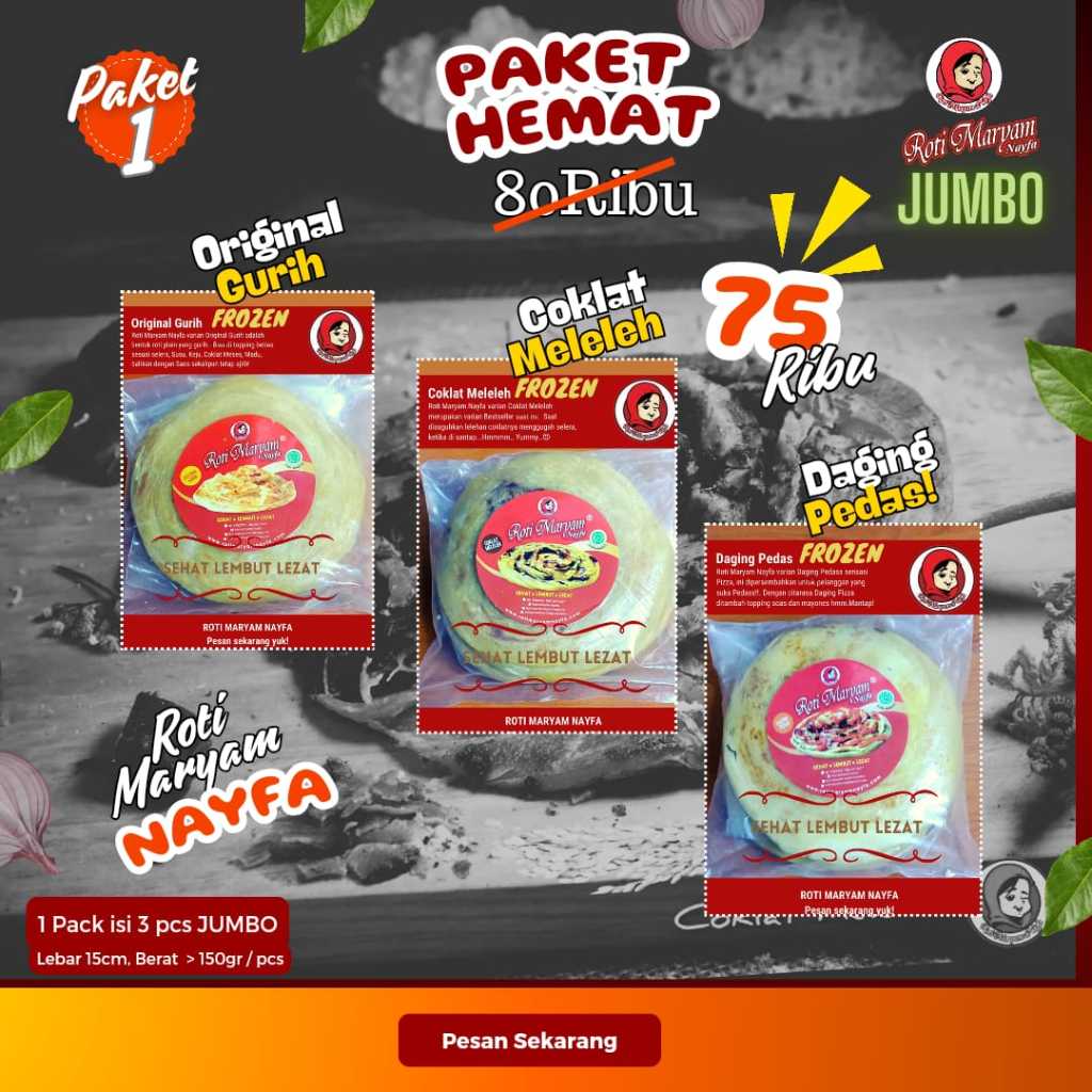 

] PAKET 1 ] Mix 3 Varian JUMBO. Roti Maryam Nayfa JUMBO, Original Guroh + Coklat Meleleh + Daging Pedas! Sensaai Pizza. Cemilan Frozen