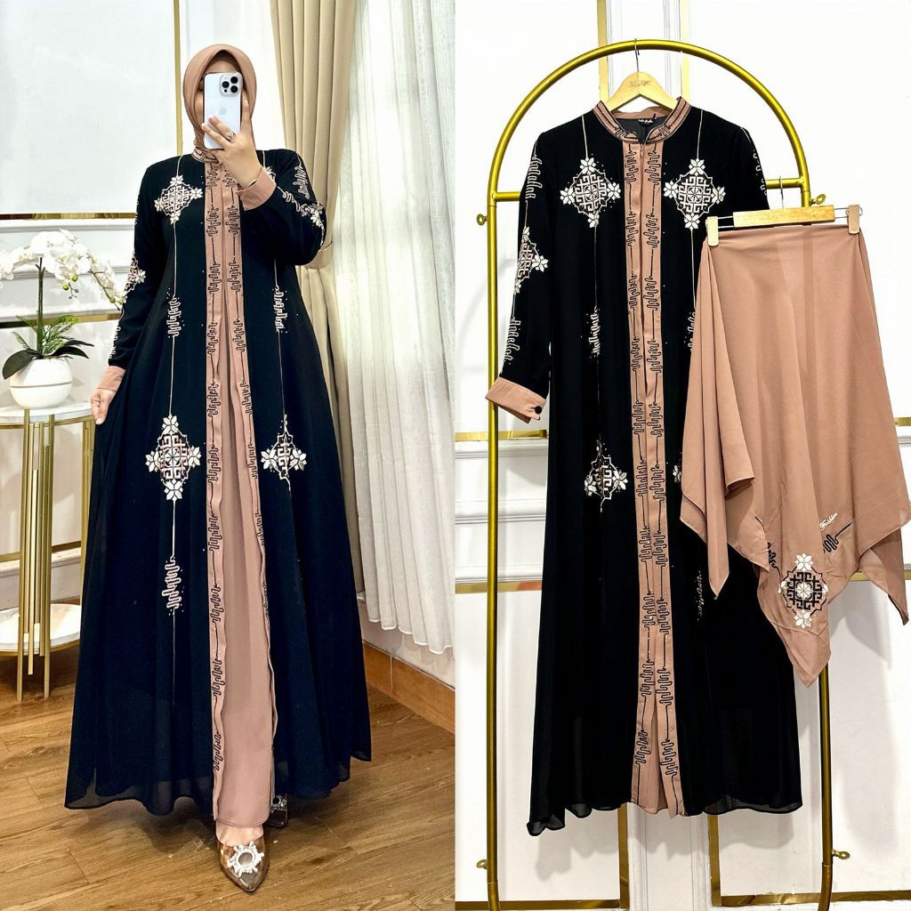 Gamis pesta Bordir Ceruty Babydoll Set Hijab Motif Aulia Payet Mewah