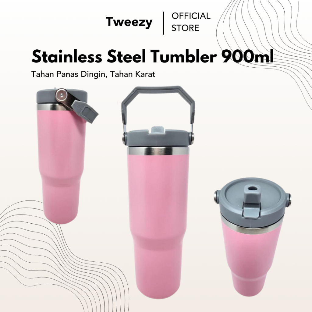 Botol Tumbler 900ml Bucket Handle Stainless Steel Sedotan Minuman Pegangan Gagang Tahan Panas Dingin