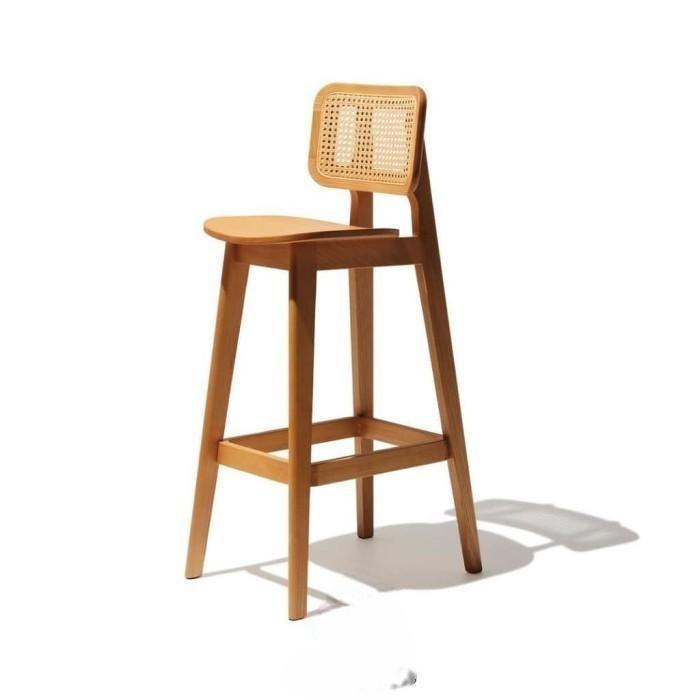 Kursi Bar Stool Tinggi Minimalis Kayu Jati Sandaran Rotan| Mebel Jepara