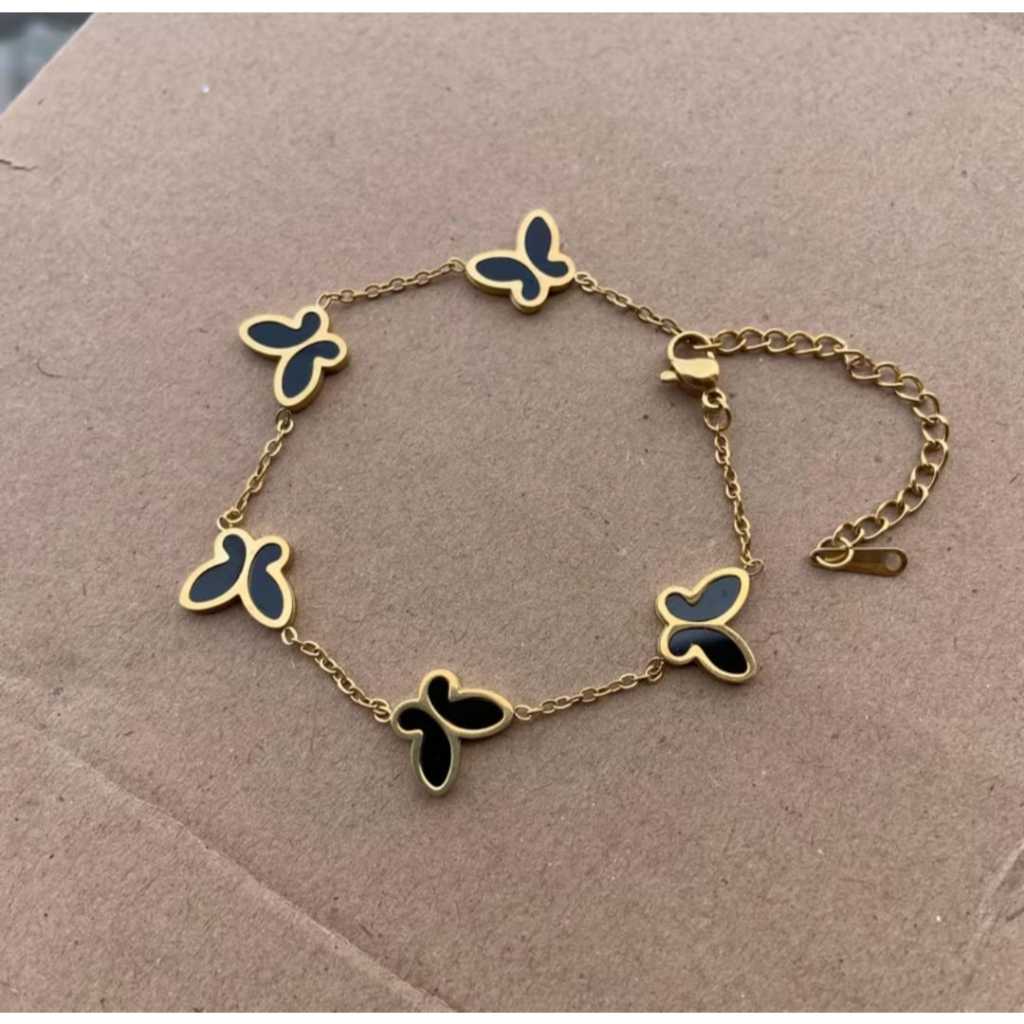 GELANG TITANIUM WANITA KUPU KUPU KERAMIK HITAM PUTIH GELANG RANTAI FASHION WANITA KEKINIAN