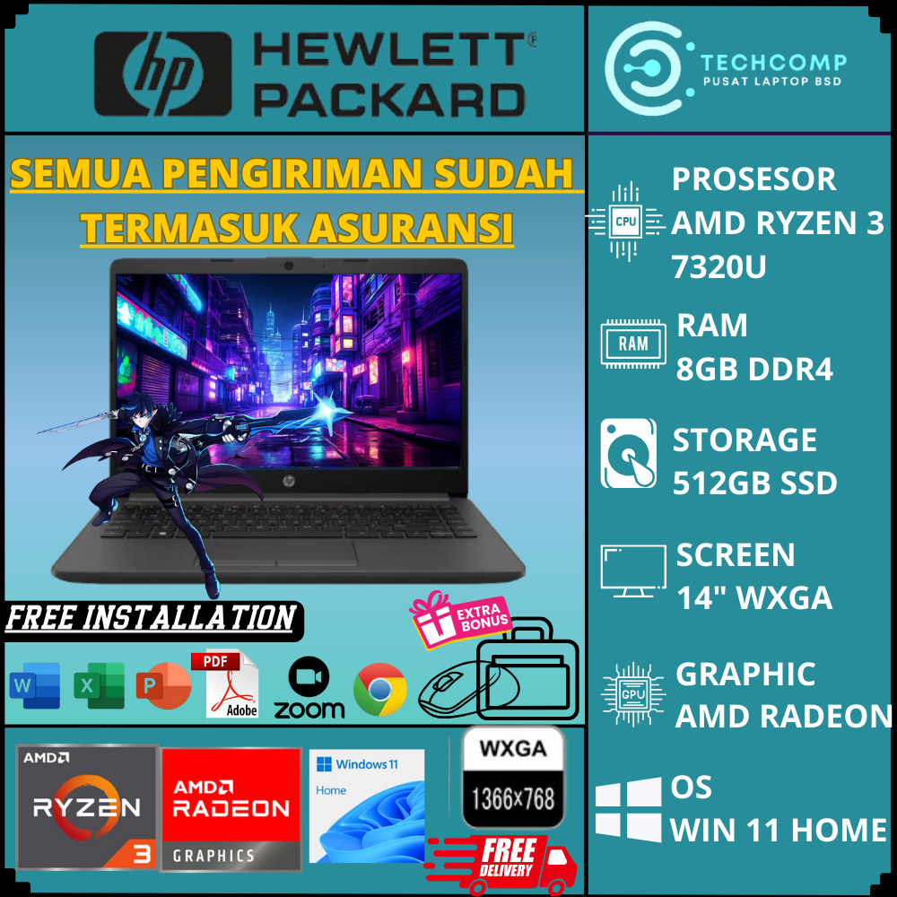 LAPTOP BARU SLIM HP 245 GAMING G10 RYZEN 3 7320U RAM 8GB SSD 512GB WXGA WINDOWS 11