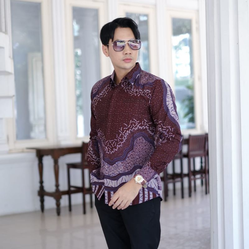 Motif Usman Panjang Warna Maron Bergundi Kemeja Batik Pria Slimfit Lengan Panjang Lapis furing Baju 