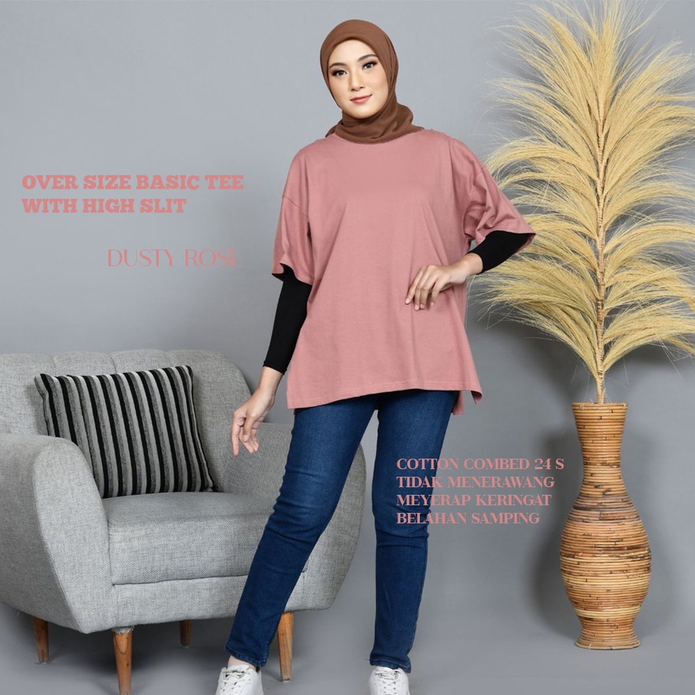 Kaos Polos Over Size Wanita Dusty Rose Dengan Belahan Samping