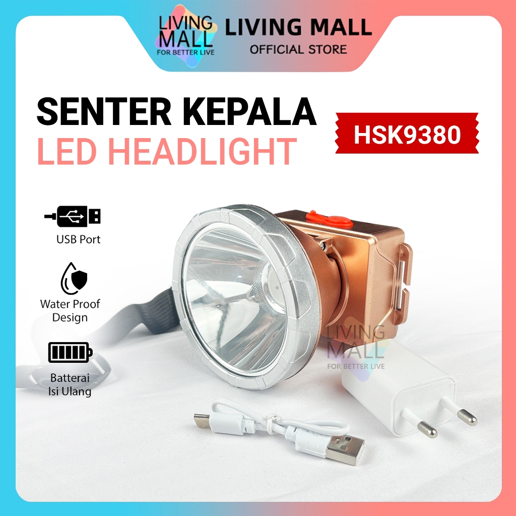 Senter Kepala Headlight LED / Senter Kepala Travel / Senter Kepala Charger HSK-9380 LED Putih