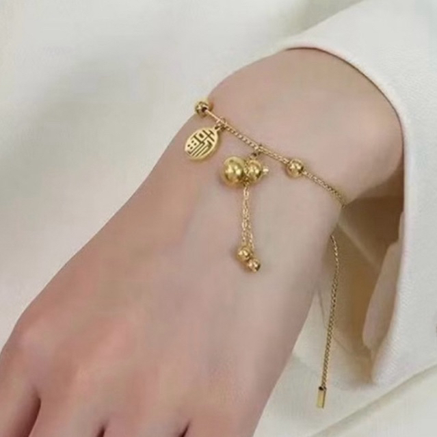 Gelang Serut Hoki Labu Huruf Mandarin Hoki / Warna Emas / Aksesoris Titanium Cantik Untuk Hadiah / P