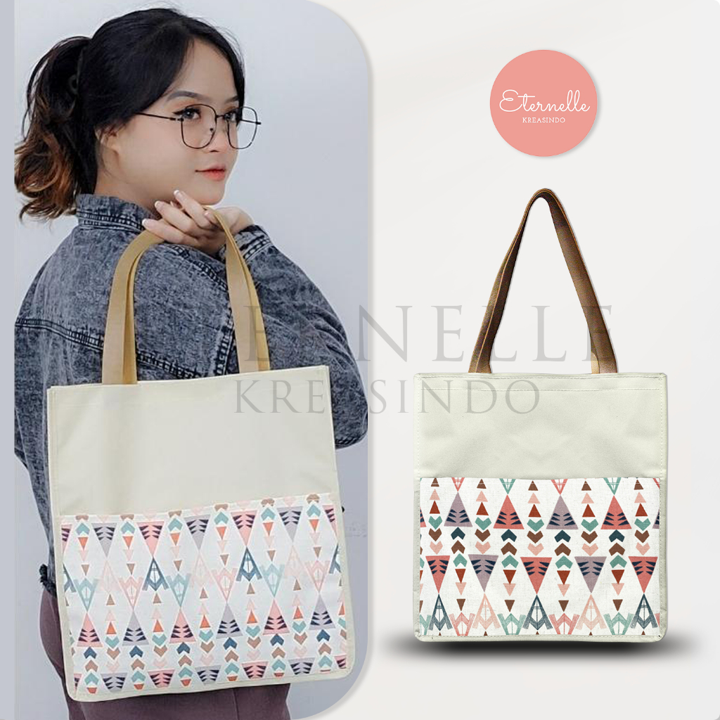 [100% FOTO ASLI] TAS KANVAS KOMBINASI KOTAK UKURAN BESAR / TAS KANVAS SIMPLE WANITA UKURAN BESAR/ TA