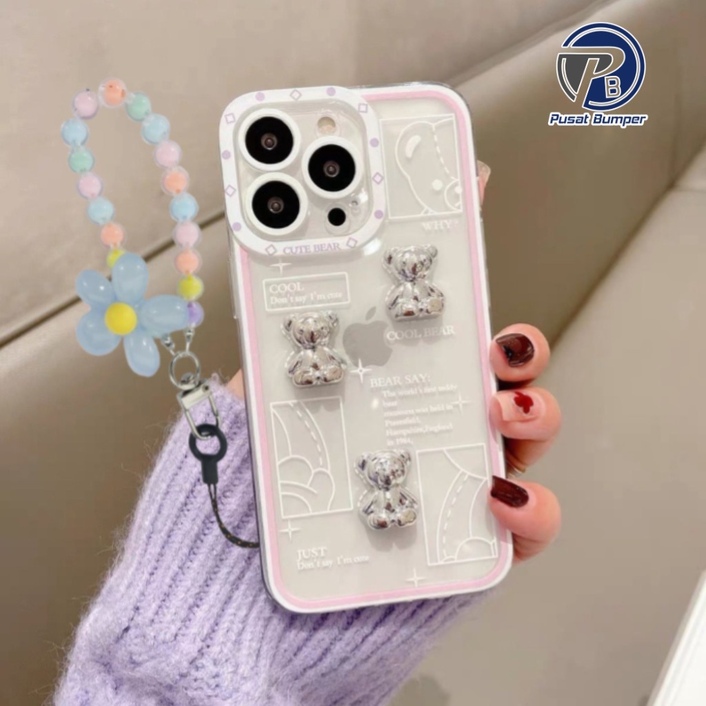 GL061 Softcase Casing Hp 3D Silver Bear Aesthetic With Charm Compatible For Oppo A3S A1K A5S A7 A12 