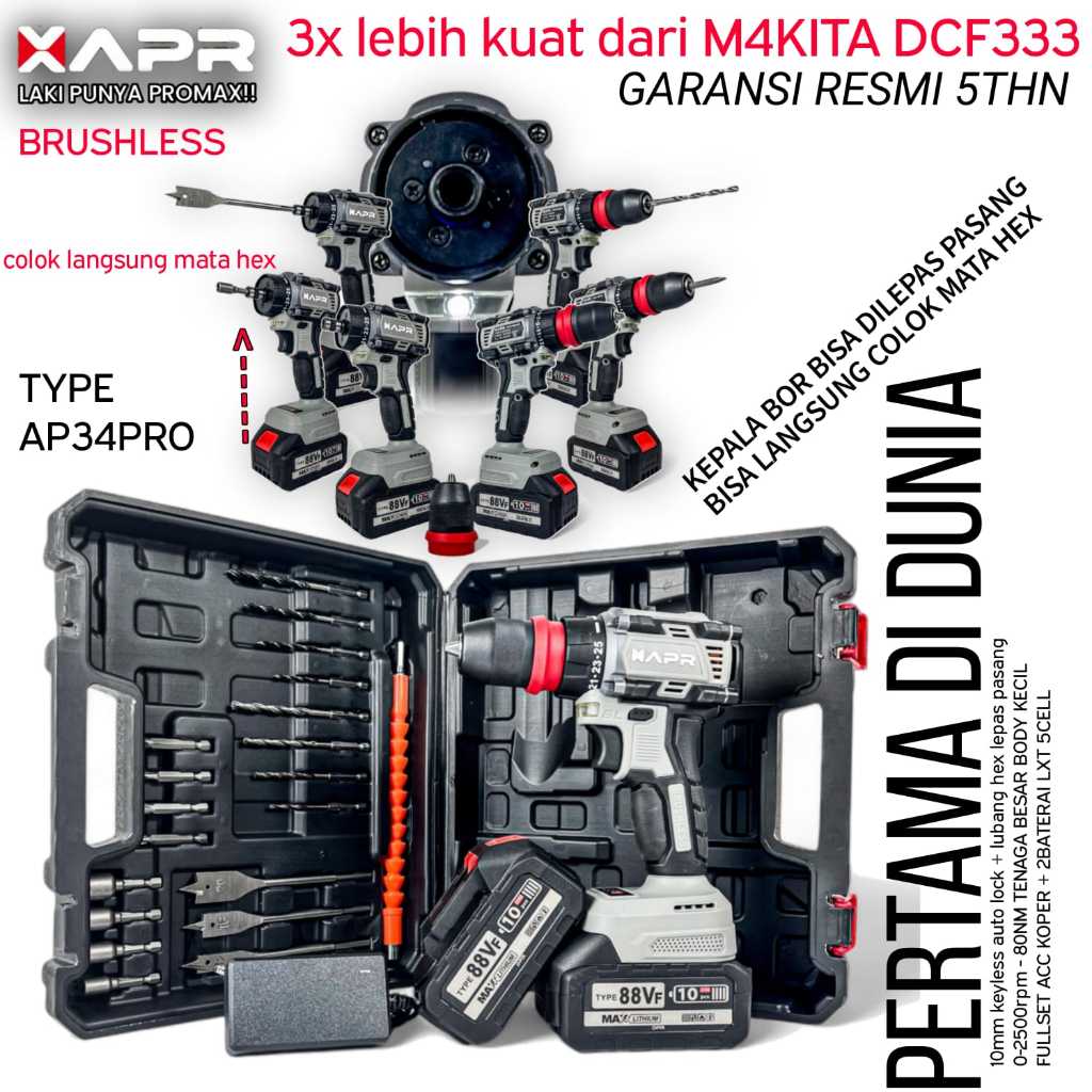 PROMO Bor cordless APR JAPAN 34v BOR BATRAI type AP34 GARANSI RESMI keyless auto lock GARANSI RESMI