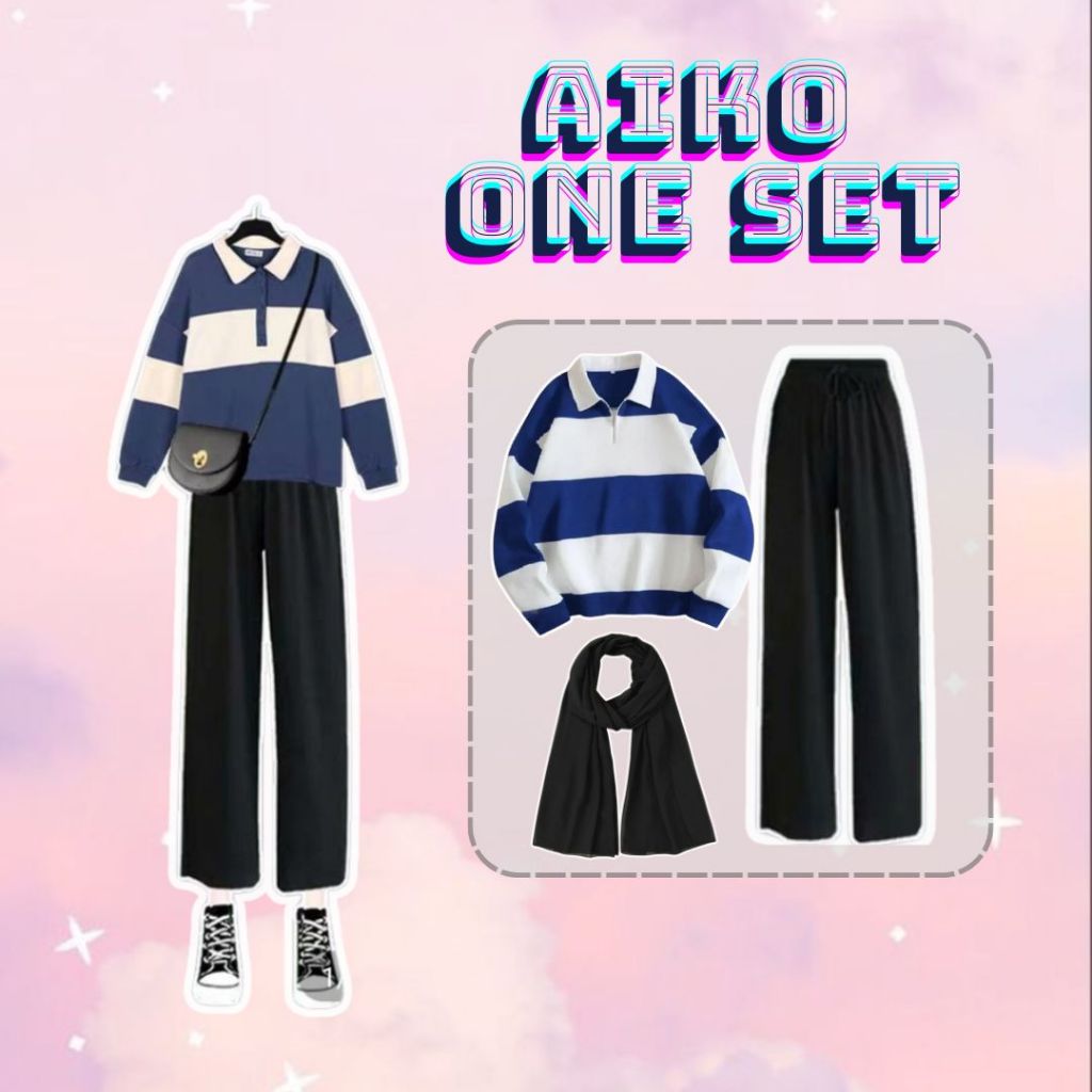 Aiko One Set Korean Style Outfit Remaja Outfit Pinterest Sweater Salur+Celana+Hijab OOTD Kekinian