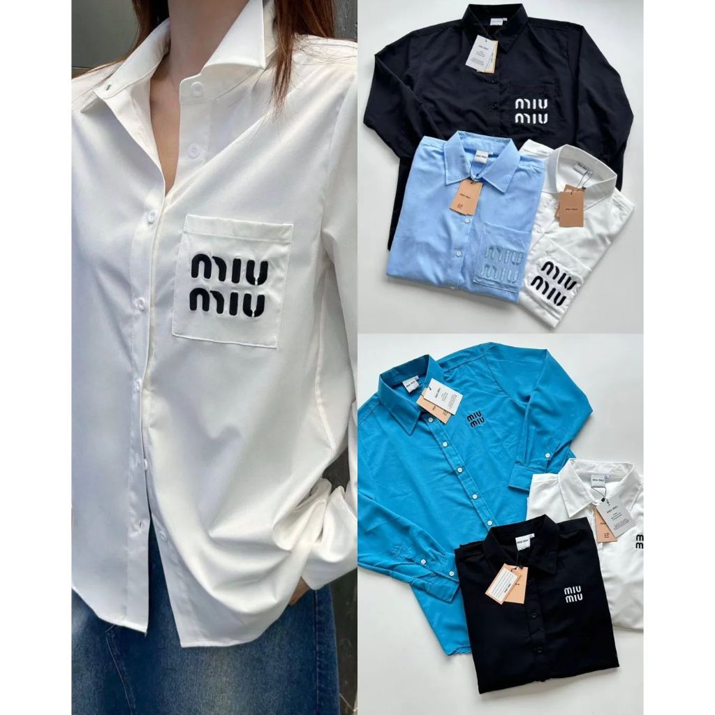 Kemeja Lengan Panjang Wanita MiuMiu Logo Pocket Cotton Shirt