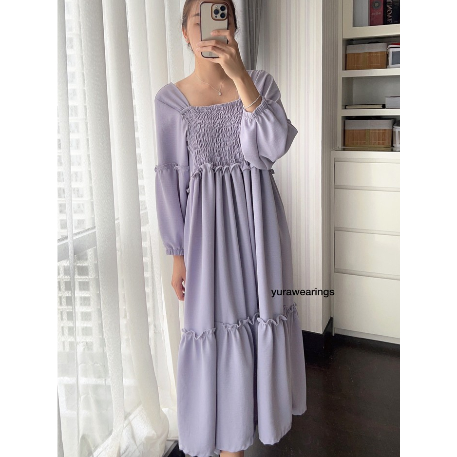 Yura - Baju Fashion Dress Crincle Airflow Premium Tebal Adem Flowy Lilac