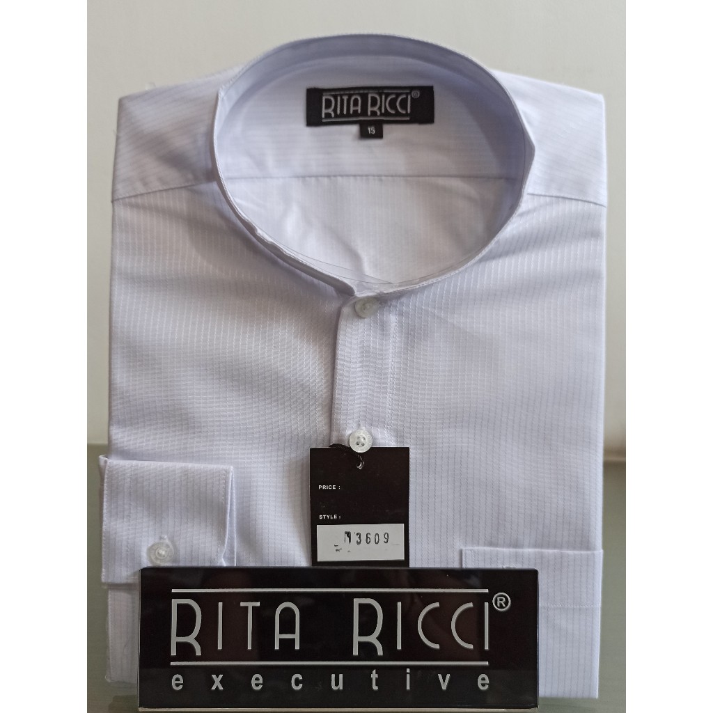 Kemeja Pria Rita Ricci Reguler kerah koko motif dolby garis warna putih lengan panjang dan pendek ar