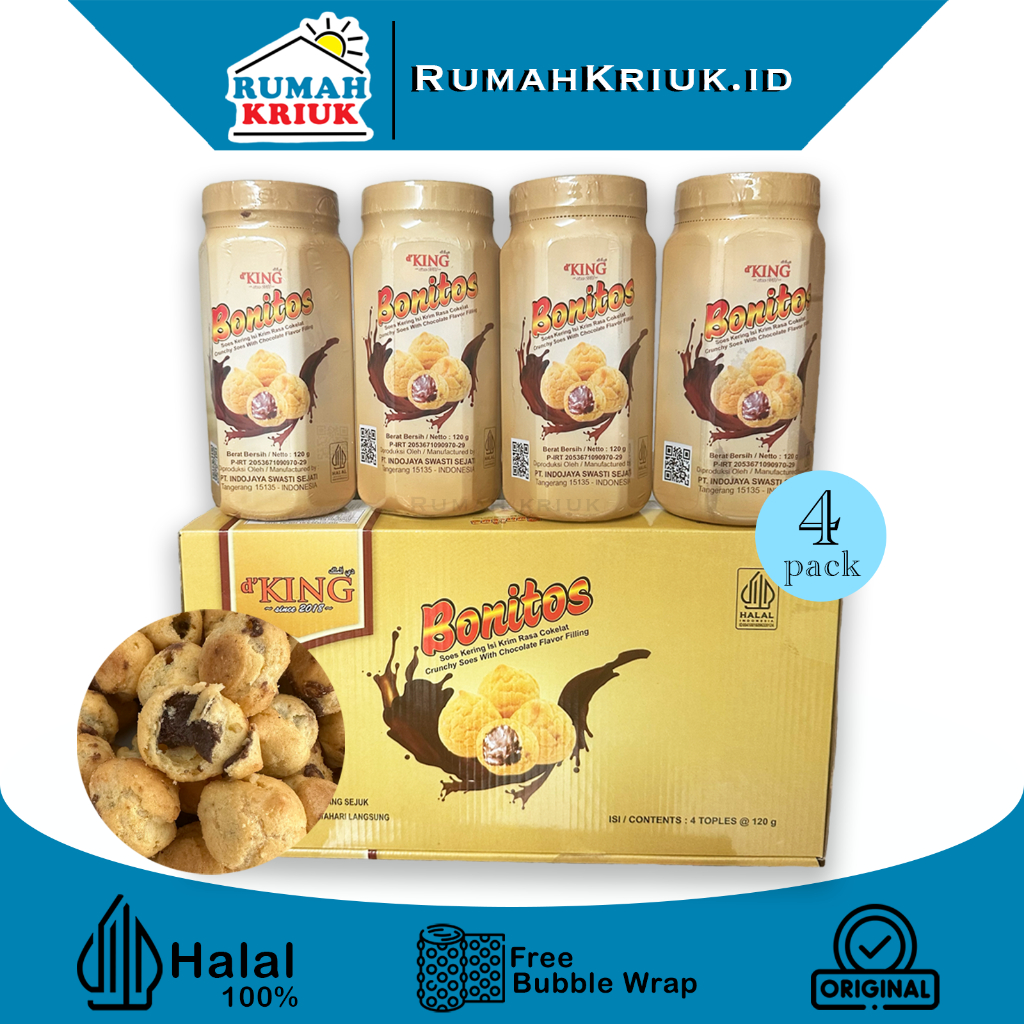 

☘️RumahKriuk☘️ DKing Bonitos - Soes Kering isi Coklat Leleh 1 box isi 4 toples | Halal | Sus Cokelat