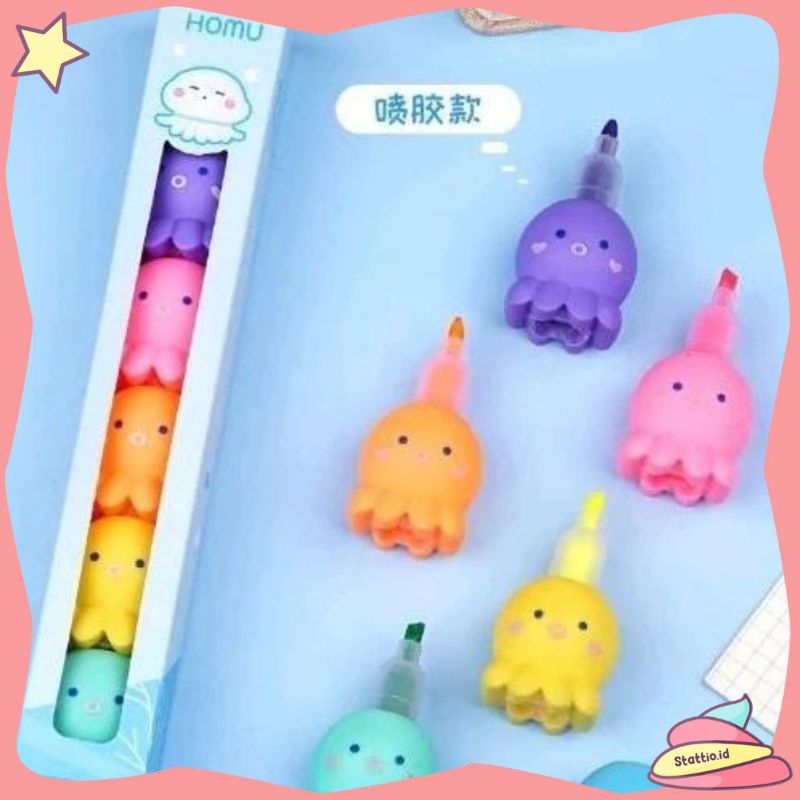 

(HARGA PROMO) Highlighter Octopus Tumpuk 1 Set Spidol Pastel Gurita Marker Texliner