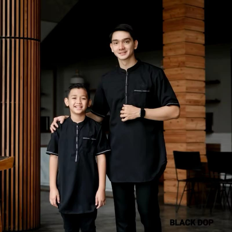 Baju Koko Kurta Warna Hitam Couple Ayah & anak Toyobo premium Polos