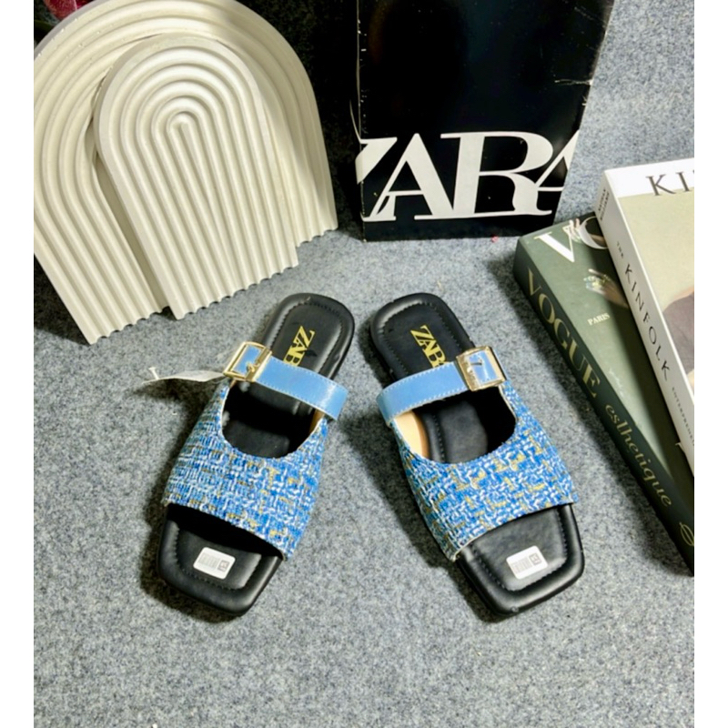Sandal Zara Flat Bentuk Kotak Rajut Tweet Sandal Wanita Kekinian Kode SM10