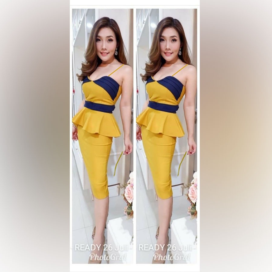 7790 Gaun Wanita Dewasa Imlek Natal Tahun Baru Warna Gold COD - Dress Pendek Scuba Wedges Kekinian