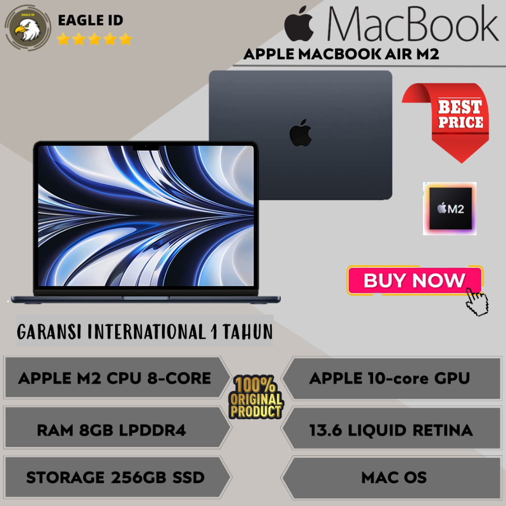 LAPTOP SLIM APPLE MACBOOK AIR M2 2022 RAM 8GB 256GB SSD LIQUID RETINA MAC OS TERBARU
