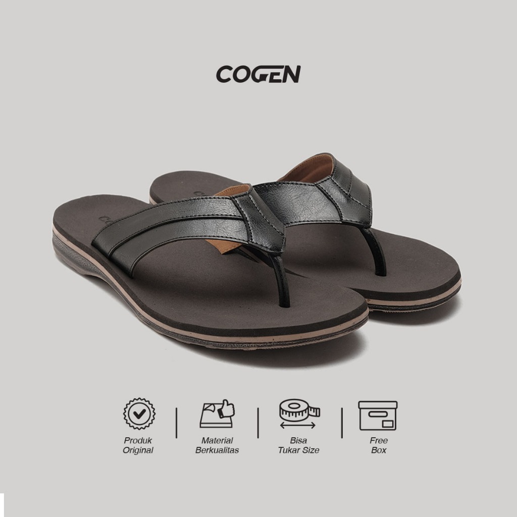 Cogen Sendal Jepit Kulit Pria Sandal Cowok Kulit Marino Series Leather - Black