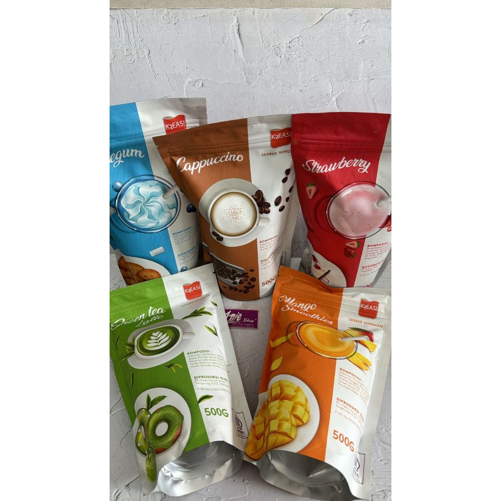 

serbuk minuman merek kreasi strawberry/mango/bubblegum/cappucini/greeantea latte 500gr