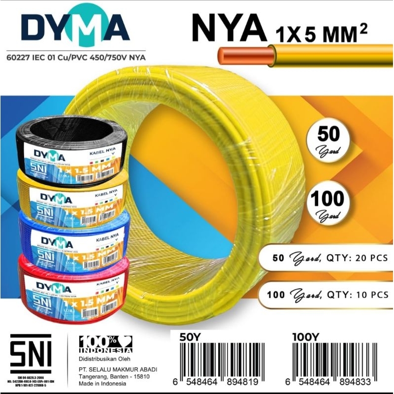 Kabel NYA, Kabel Tunggal 1×1,5 DYMA & ANTRANA 50 Yard Full SNI Kawat Tembaga Asli