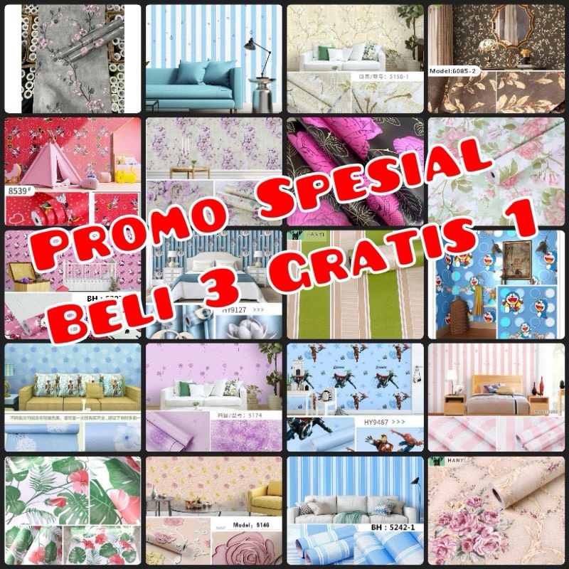 Beli 3 Gratis 1  Wallpaper Sticker Dinding rah MOTIF Bunga Batik Salur Karakter Garis kembang minima