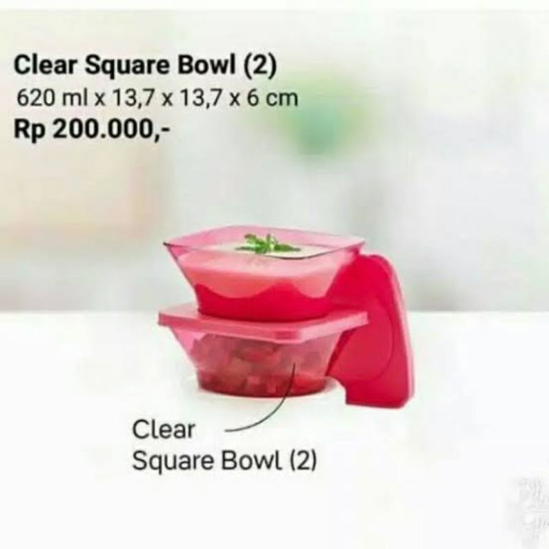 Clear Square Bowl Tupperware - Pink