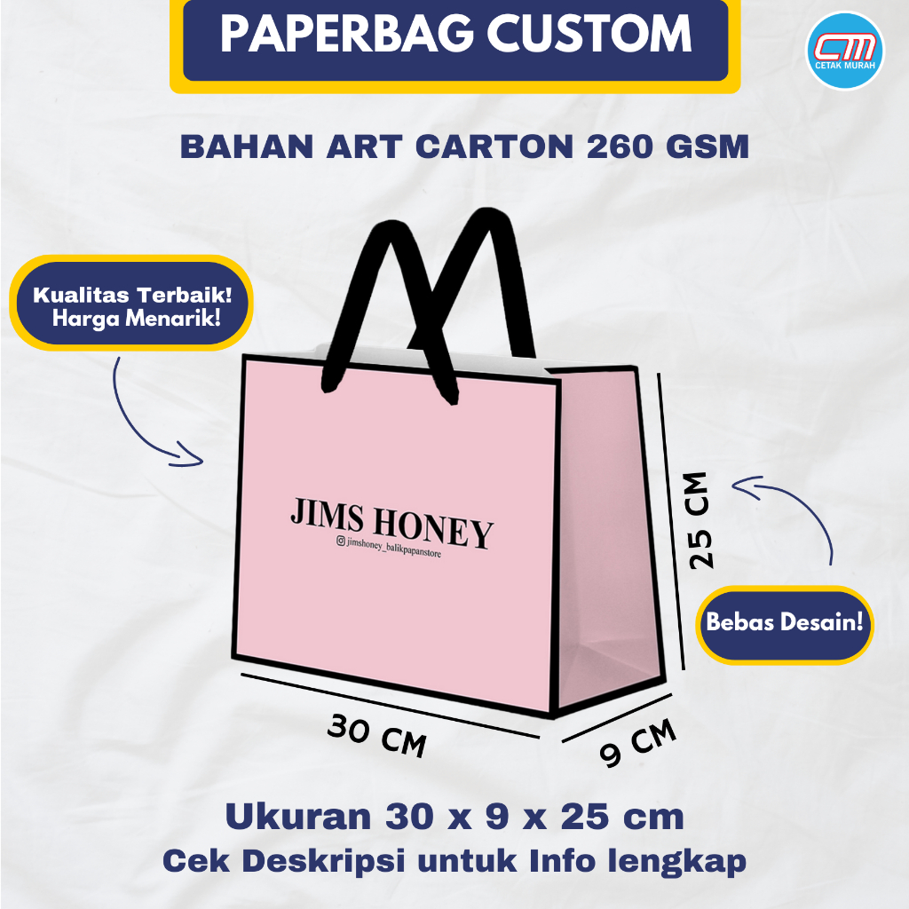 

PaperBag Custom/PaperBagmurah/Paperbag JimsHoney/Paperbag lanscape/paperbag bebas desain/paperbag tas/paperbag doff/ paperbag tali satin/paperbag custom ukuran