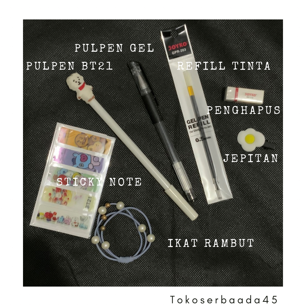 

PAKET SET ALAT TULIS SEKOLAH 7IN1 PERALATAN ATK KANTOR BT21 STICKY NOTE BTS PULPEN GEL 0.5 MM REFILL