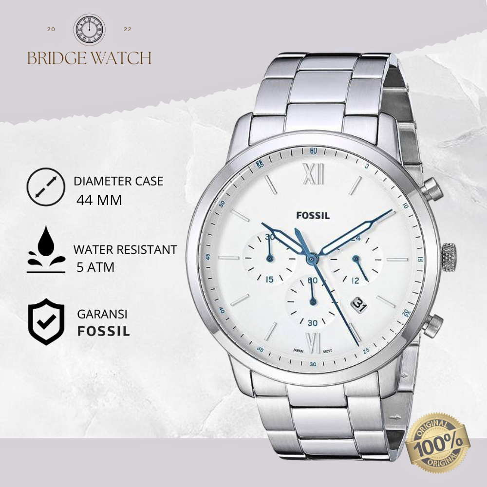 Jam Tangan Fossil Pria Men Neutra Casual Analog Stainless Steel Strap Rantai Chronograph White Dial 