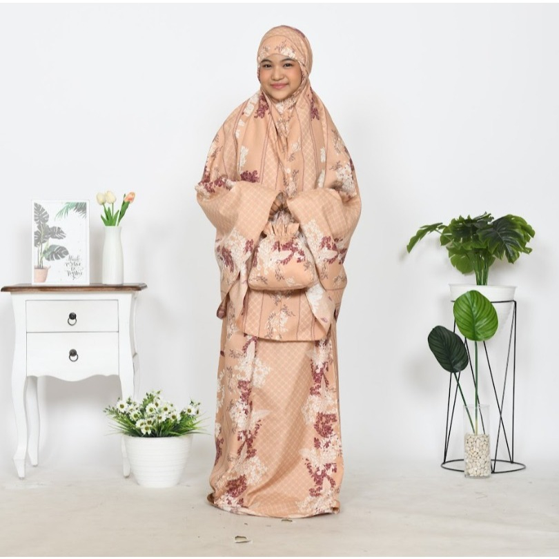 Mukenah Anak Perempuan Tanggung Azura Hasya 2In1 Resleting Travel Katun Motif Tanggung Resleting Kat