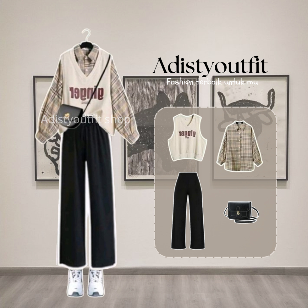 One Set Outfit Korea wanita, outfit ulzzang, ootd Korea wanita, Korean style (vest cream set 17)