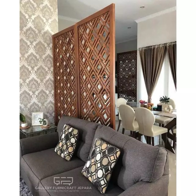 Partisi Minimalis Mozaik 2 Helai Kayu Jati Melamine Finish
