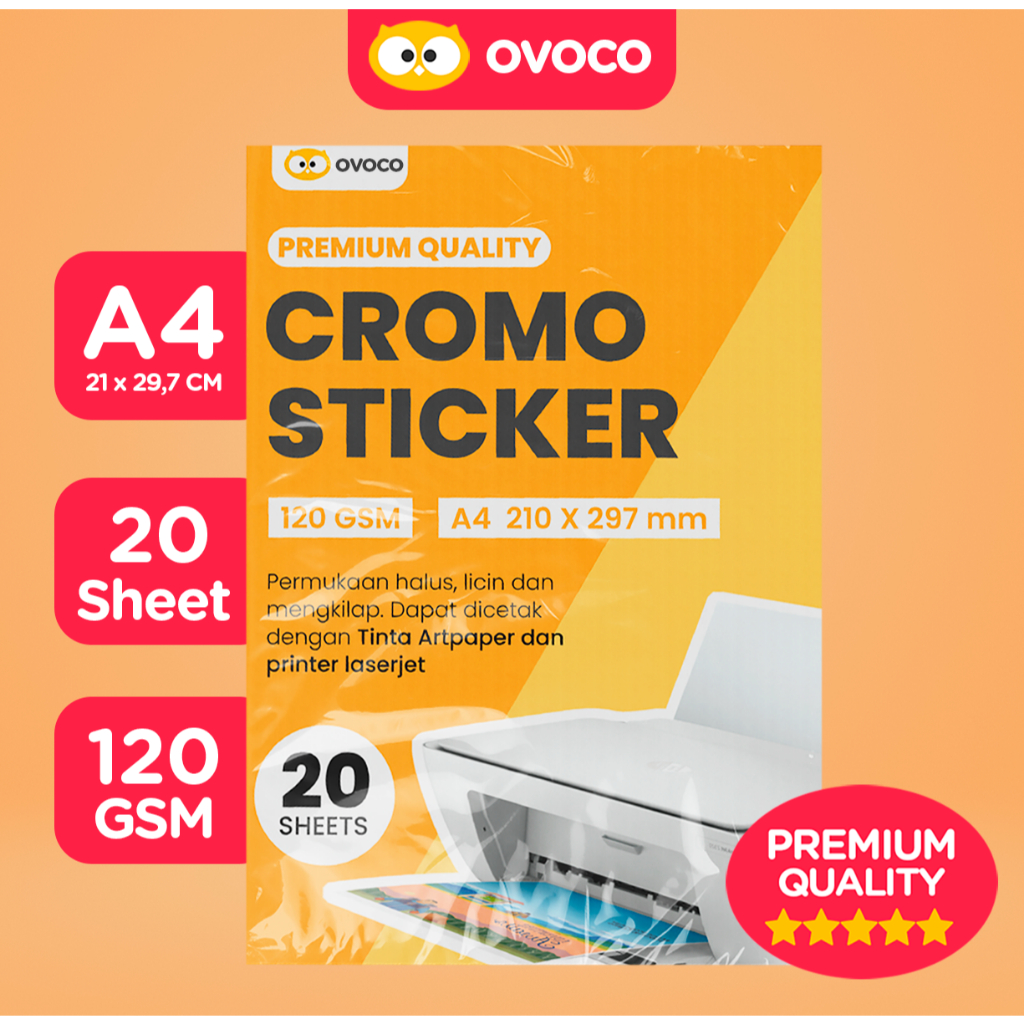 

( ISI 10 & 20 ) Kertas Sticker label Chromo A4 - Stiker Glossy Putih ovoco