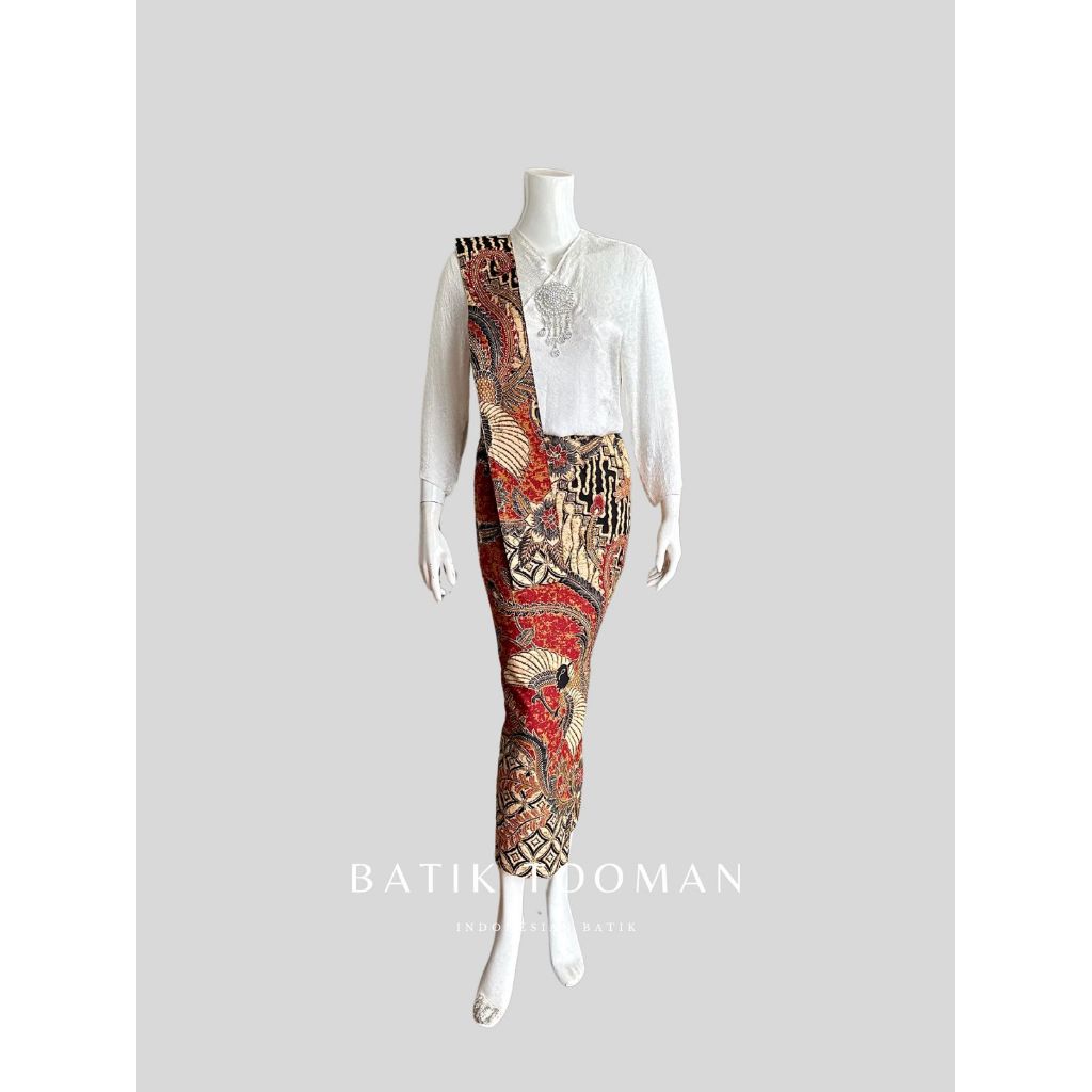 SARINAH Rok Batik Warna Red Gold Cream Model Span Instan Resleting Bahan Katun Halus Berselendang