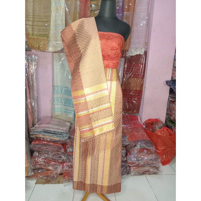 jual songket Tumtuman  Tarutung sambung(asli TENUN TANGAN)warna coklat list silver merah