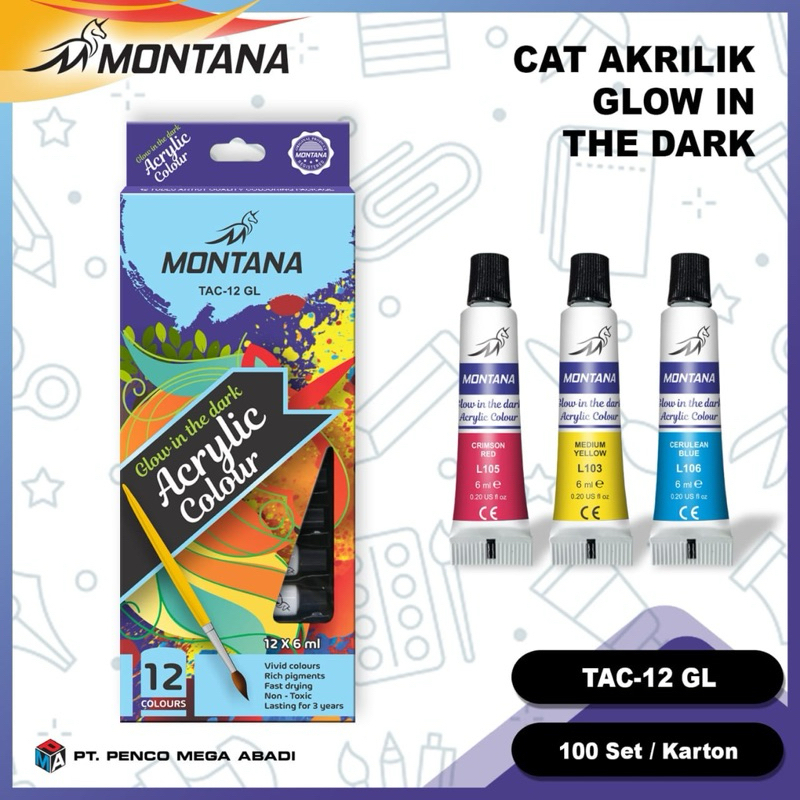 

( 1 set ) Montana Cat Acrylic Color Paint Glow In The Dark 12 Warna / Cat Acrylic 12w Nyala Dalam Gelap / Cat Air Akrilik Murah TAC-12-GL