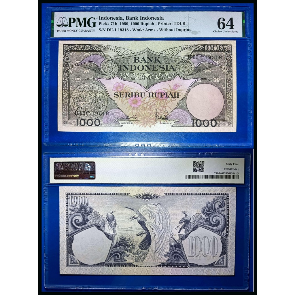 Uang kuno PMG 64 - 1000 rupiah tahun 1959 "seri Bunga dan Burung