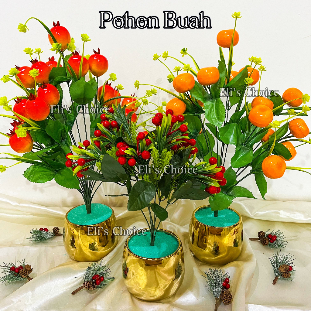 Bunga Buah Hias + Pot Bunga / Pohon Buah Jeruk Apel Delima Cherry Bunga Artifisial Tangkai Plastik