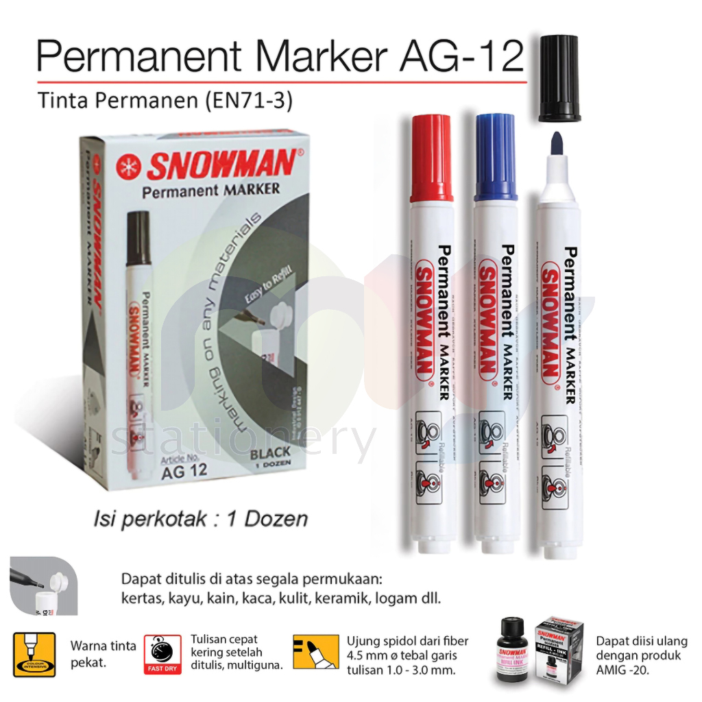 

SNOWMAN AG-12 Permanent Marker Spidol Permanen Hitam Biru Merah