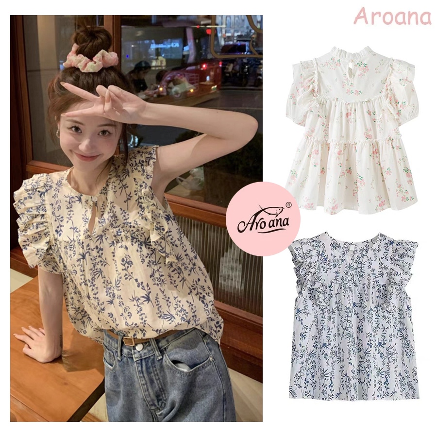 Atasan Putih Motif Bunga Biru Korea Style