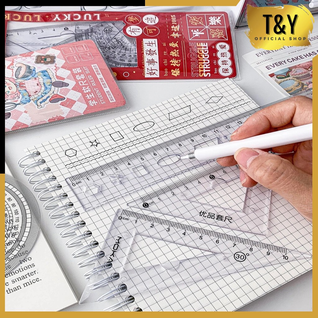 

T&Y Penggaris Lentur Bening Isi 4Pcs Lucu Penggaris Set 4IN1 20Cm Ruller Set Transparant Perlengkapan Sekolah Menggambar Pelajar Mahasiswa Motif Polos Kemasan Ziplock