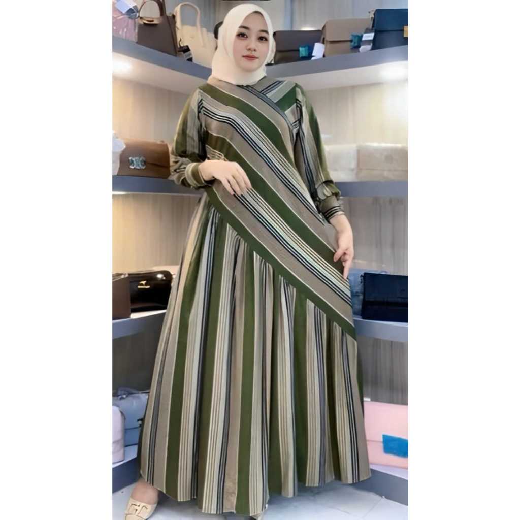 Baju Gamis Motif Salur Menyamping JUMBO Pollycotton Premium Import