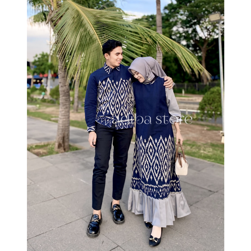 Set Couple Tenun - Dress Karina Navi - Baju Couple Lebaran Baju Seragam Kondangan Keluarga Terbaru