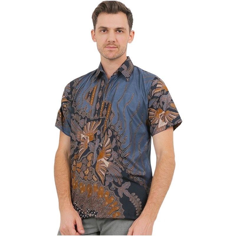 STRBTQ Kemeja Batik Pria Lengan Pendek Baju Batik Pria Lengan Pendek Motif Manuktarung Abu