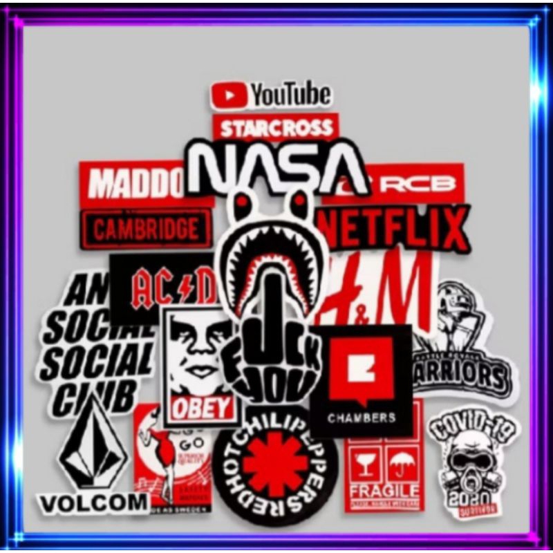 

[ 1 Pack = 8 & 15 pcs ] Stiker brand distro hitam putih warna warni logo aesthetic skateboard band tumbler gitar motor botol lemari